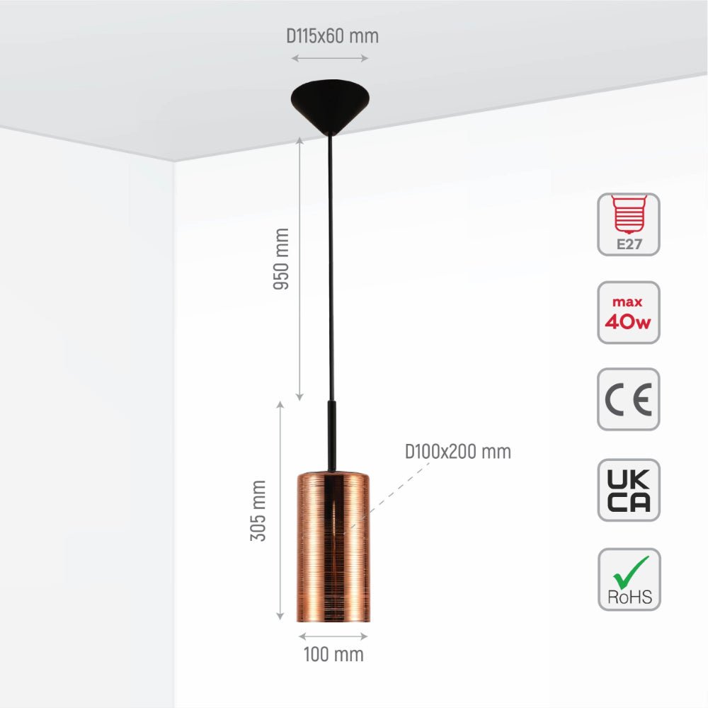 Size and specs of Jupiter Copper Cylinder Glass Pendant Ceiling Light with E27 Fitting | TEKLED 158-19766