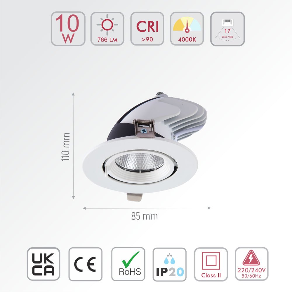 Size and specs of LED Accent Performance Swivel and Scoop Downlight 10W 20W 30W Warm White Cool White Cool Daylight CRI90 White | TEKLED cool 10w