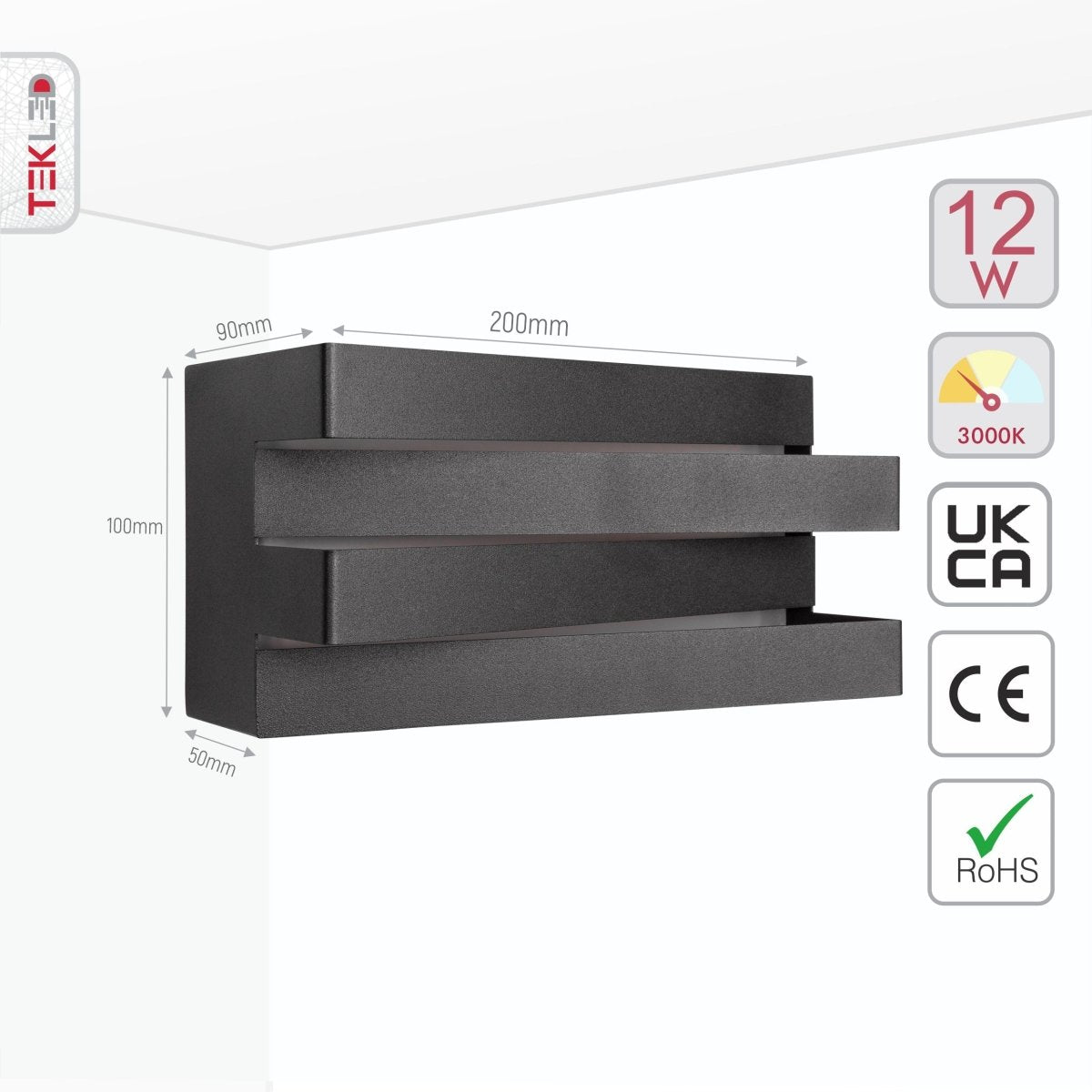 Size and specs of LED Black Metal Wall Light 12W Warm White 3000K | TEKLED 151-19534
