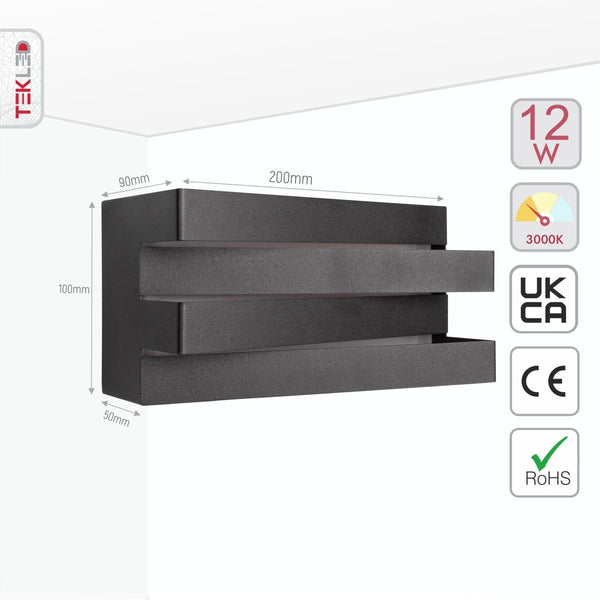 Size and specs of LED Black Metal Wall Light 12W Warm White 3000K | TEKLED 151-19534