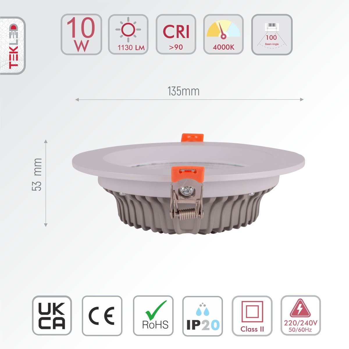 Size and specs of LED COB Recessed Downlight 10W Cool White 4000K White | TEKLED 165-03398