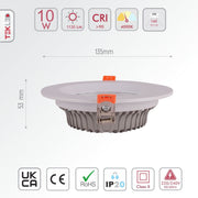 Size and specs of LED COB Recessed Downlight 10W Cool White 4000K White | TEKLED 165-03398
