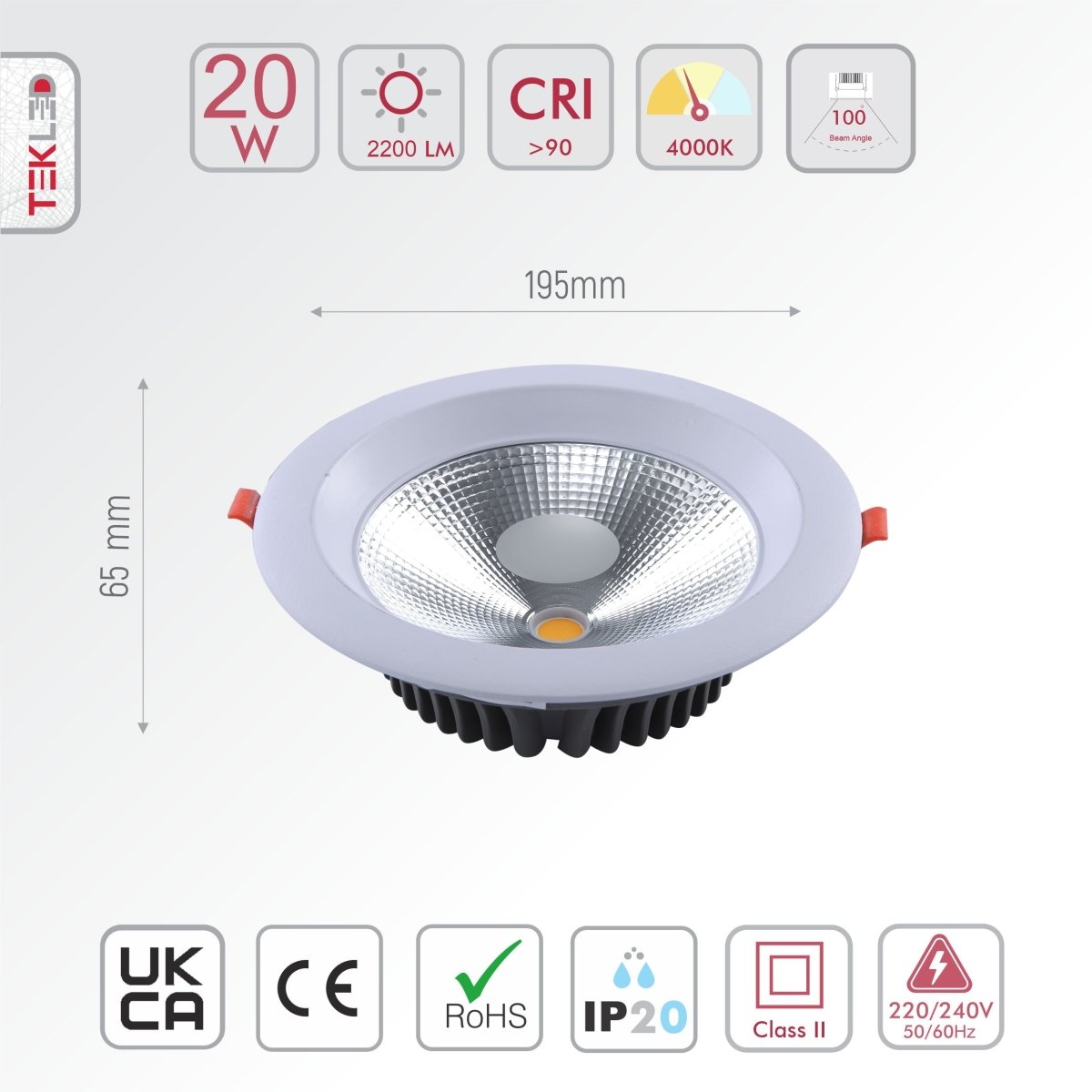 Size and specs of LED COB Recessed Downlight 20W Cool White 4000K White | TEKLED 165-034011