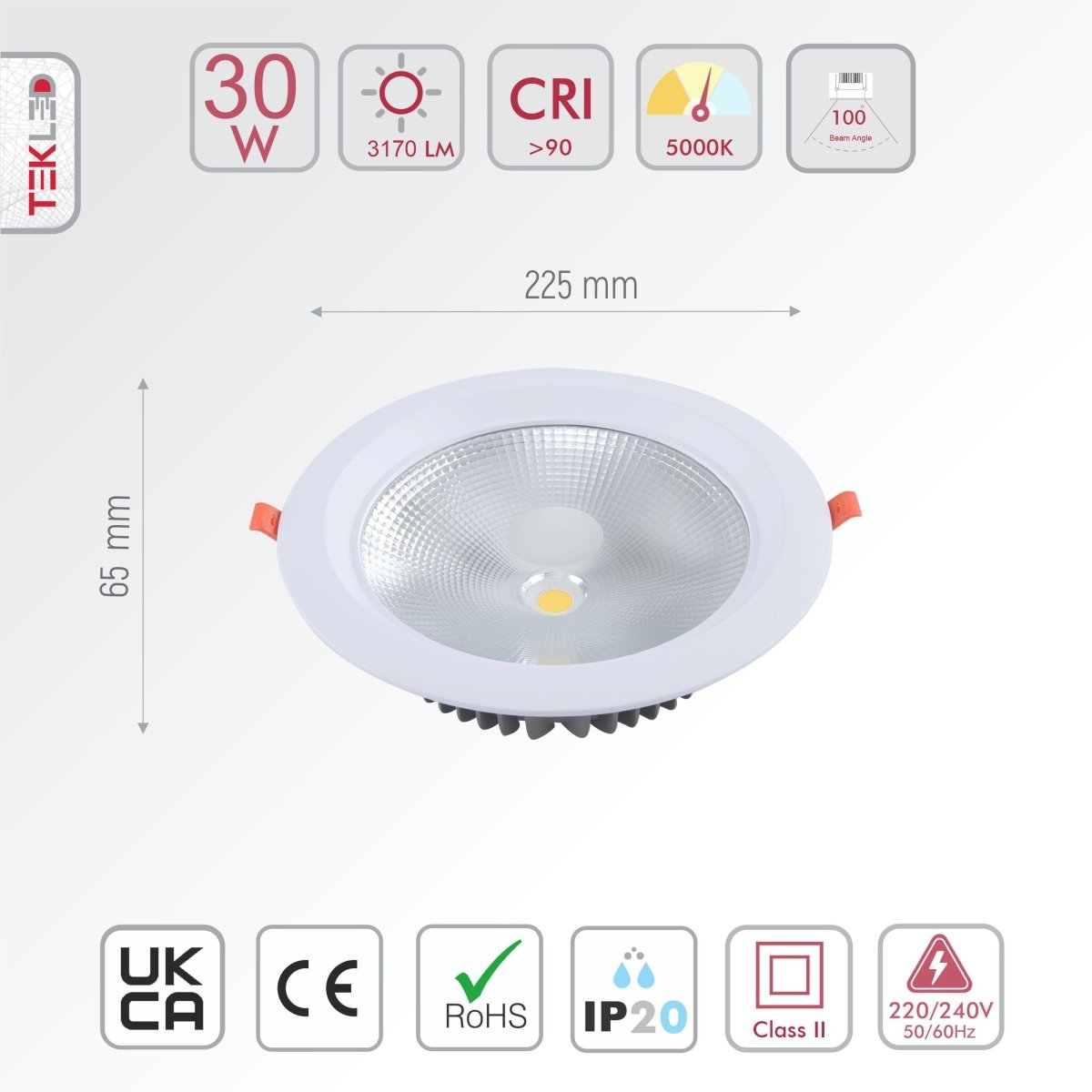 Size and specs of LED COB Recessed Downlight 30W Cool White 5000K White | TEKLED 165-03404