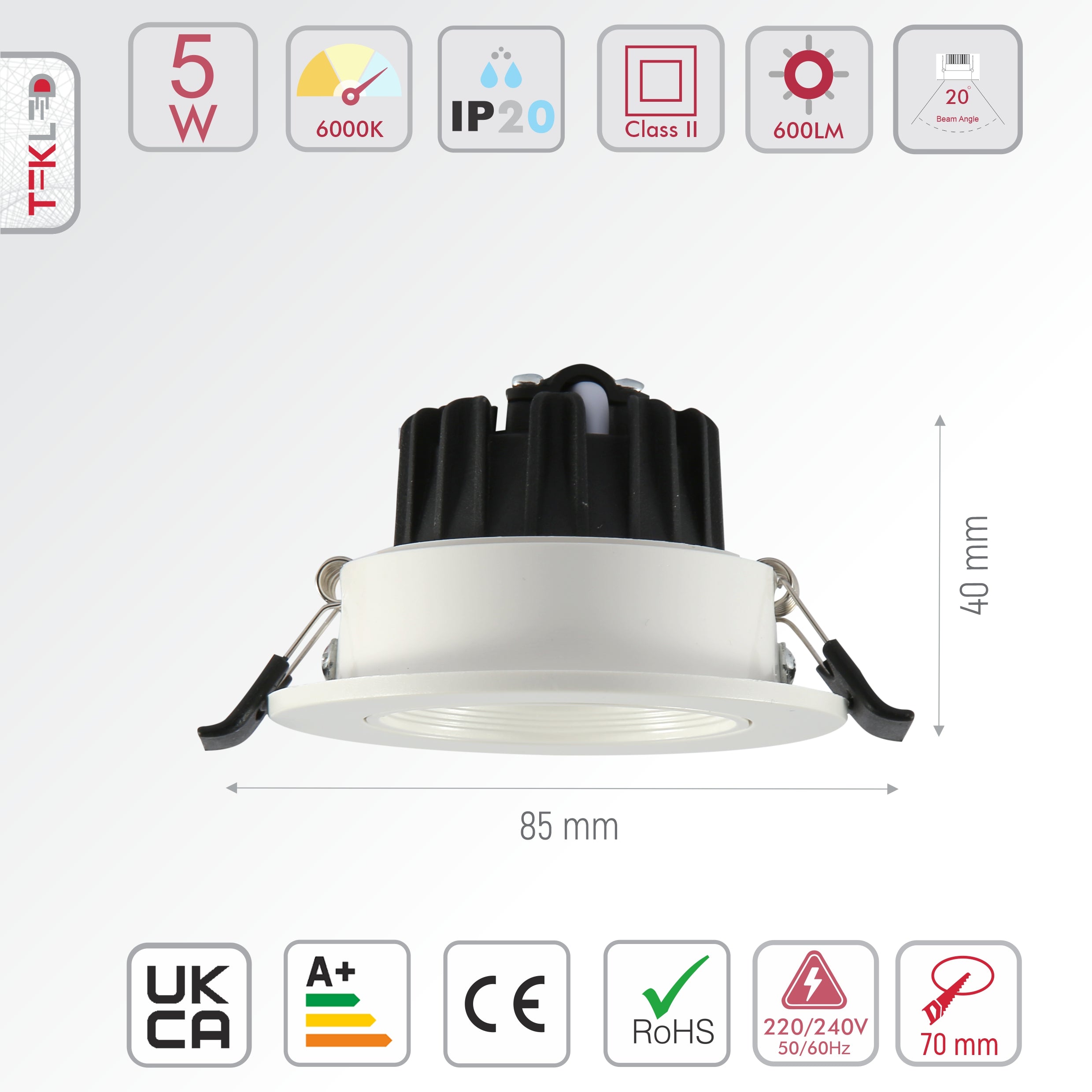 Size and specs of LED COB Recessed Downlight 5W Cool Daylight 6000K White | TEKLED 145-03084
