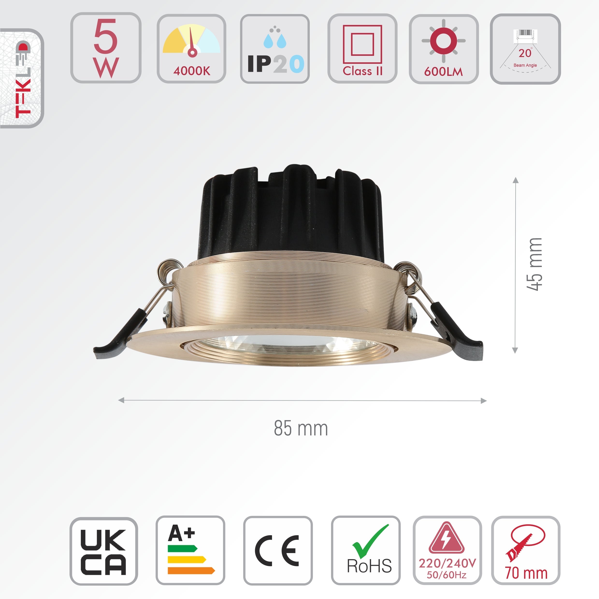 Size and specs of LED COB Recessed Downlight 5W Cool White 4000K Antique Brass | TEKLED 145-03070