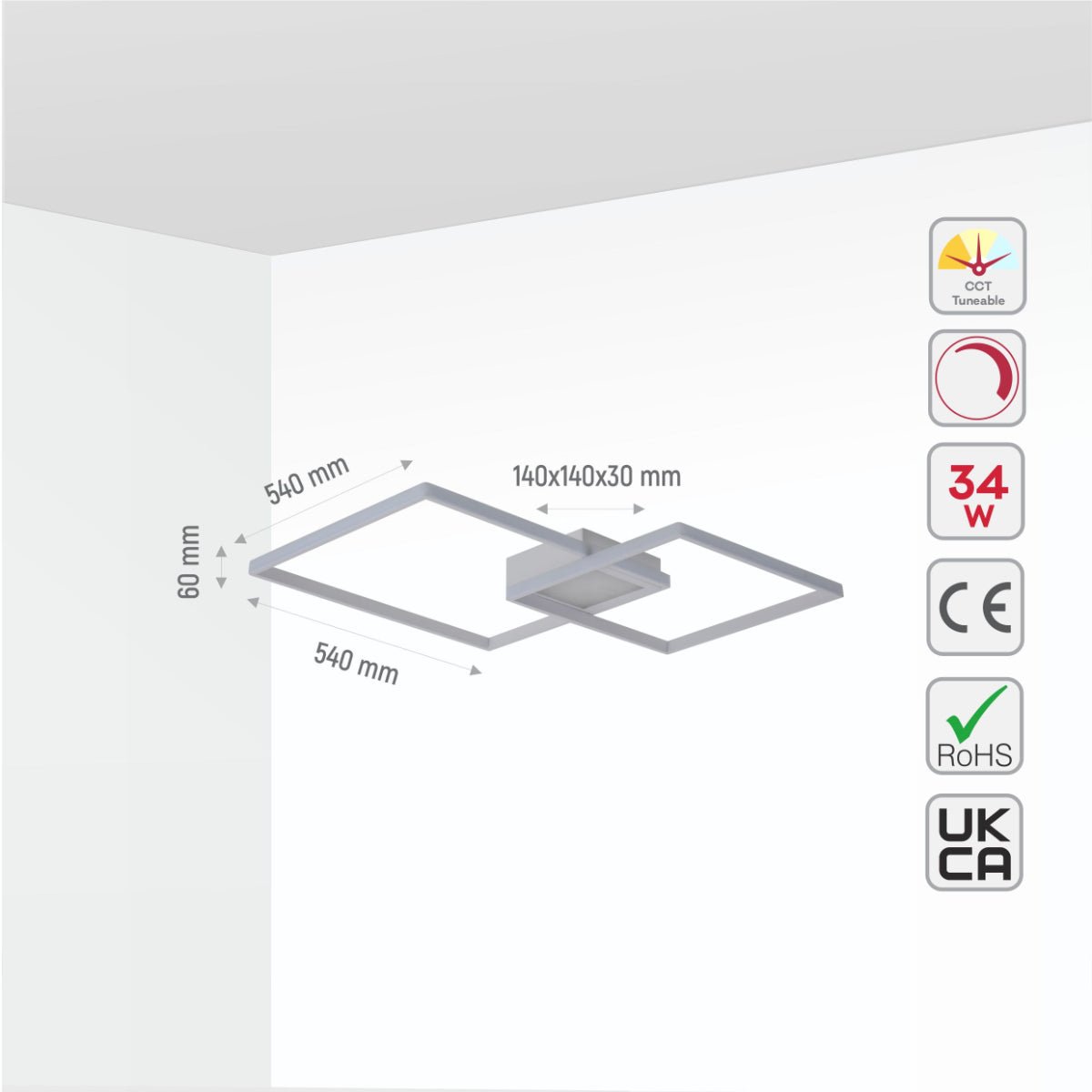 Size and specs of LED Crossing Squares White Finishing 34W CCT Change Dimmable Contemporary Nordic Scandinavian Flush Ceiling Light with Remote Control | TEKLED 154-17264