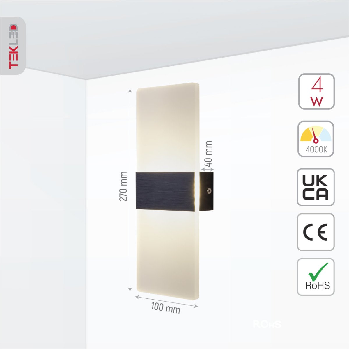 Size and specs of LED Dark Wood Metal Acrylic Wall Light 4W Cool White 4000K | TEKLED 151-19622