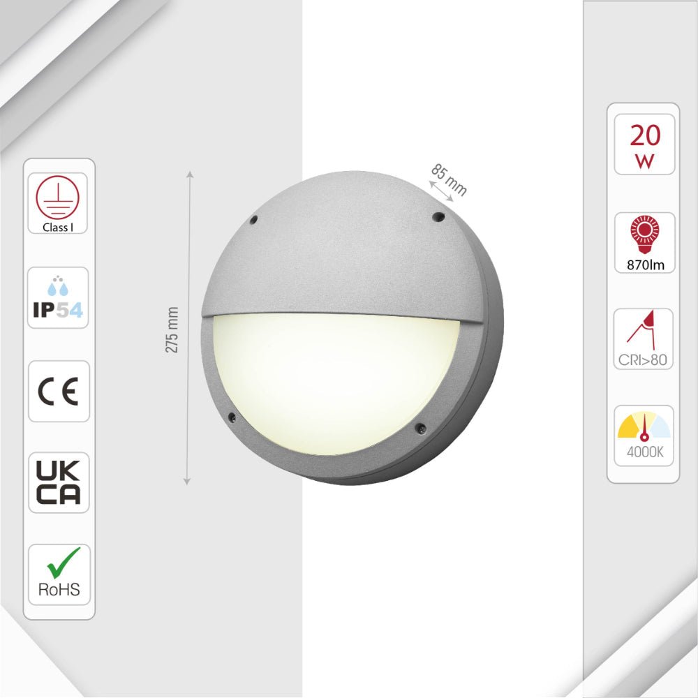Size and specs of LED Diecast Aluminium Half Round Wall Lamp 20W Cool White 4000K IP54 Grey 275mm | TEKLED 182-03361