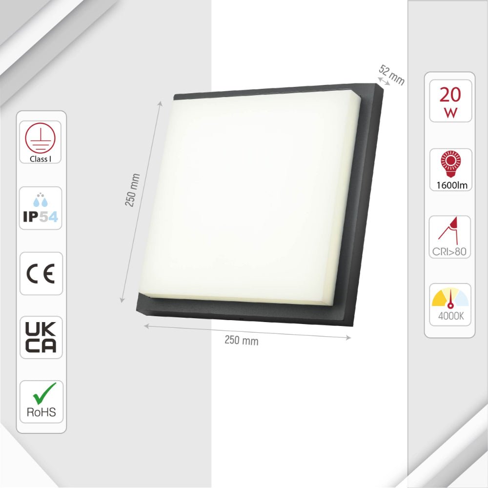 Size and specs of LED Diecast Aluminium Modern Square Wall Lamp 20W Cool White 4000K IP54 Anthracite Grey 250mm | TEKLED 183-03308