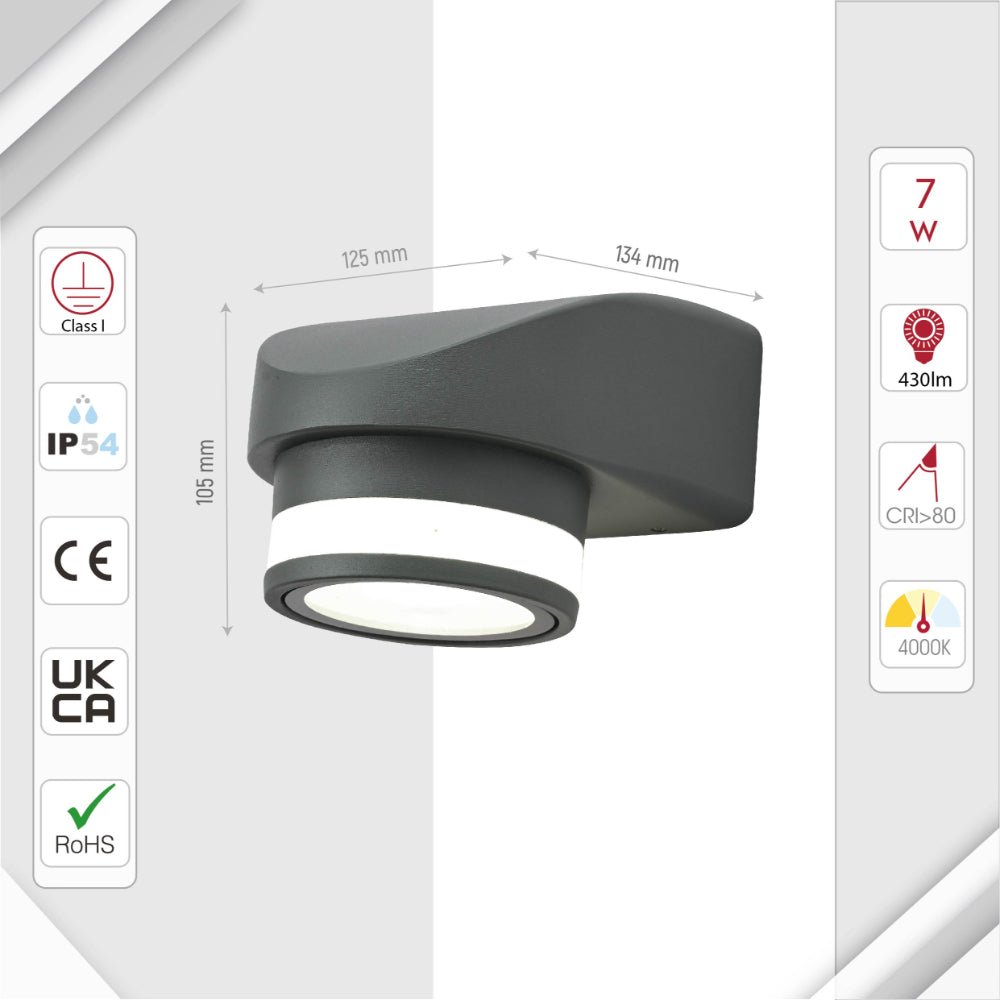 Size and specs of LED Diecast Aluminium One Direction Wall Lamp 7W 4000K Cool White IP54 Black | TEKLED 182-03362