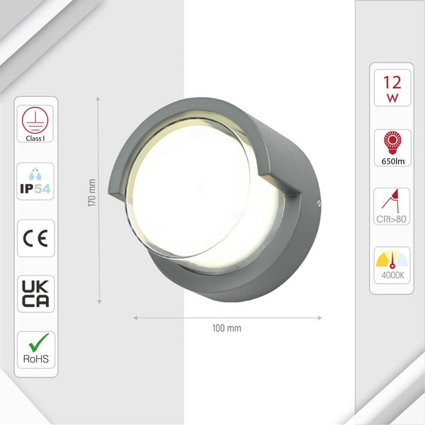 Size and specs of LED Diecast Aluminium Round Hood Wall Lamp 12W Cool White 4000K IP54 Anthracite Grey | TEKLED 182-03354