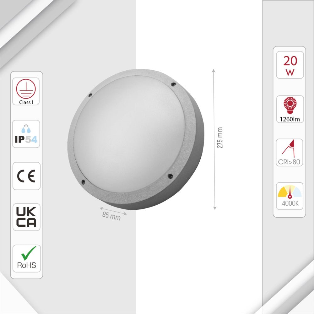 Size and specs of LED Diecast Aluminium Round Wall Lamp 20W Cool White 4000K IP54 Grey 275mm | TEKLED 182-03360