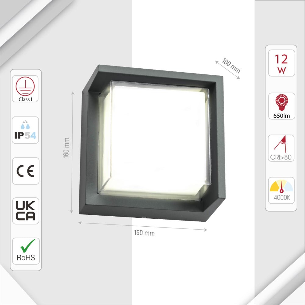 Size and specs of LED Diecast Aluminium Square Hood Wall Lamp 12W Cool White 4000K IP54 Anthracite Grey | TEKLED 182-03357
