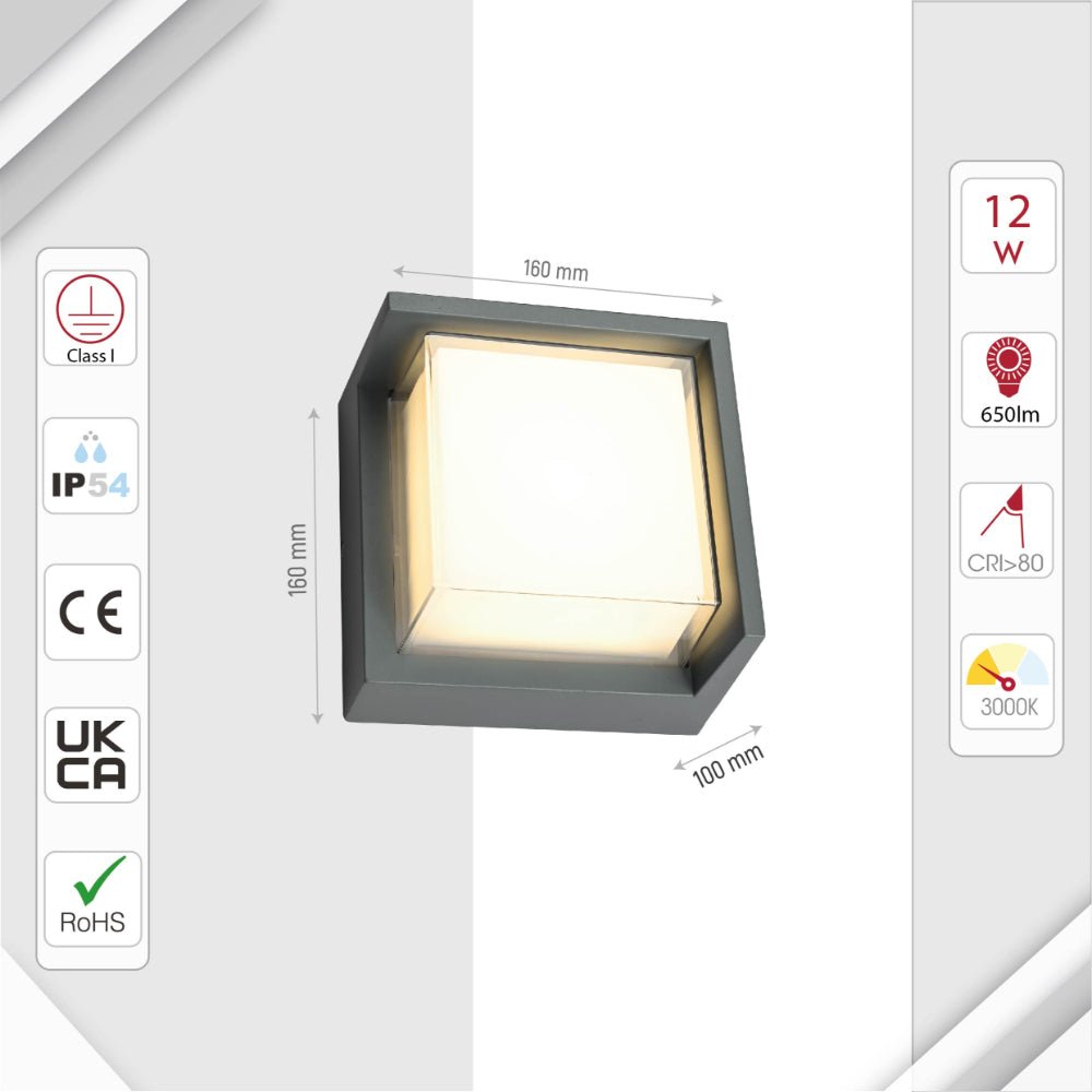 Size and specs of LED Diecast Aluminium Square Hood Wall Lamp 12W Warm White 3000K IP54 Anthracite Grey | TEKLED 182-03356