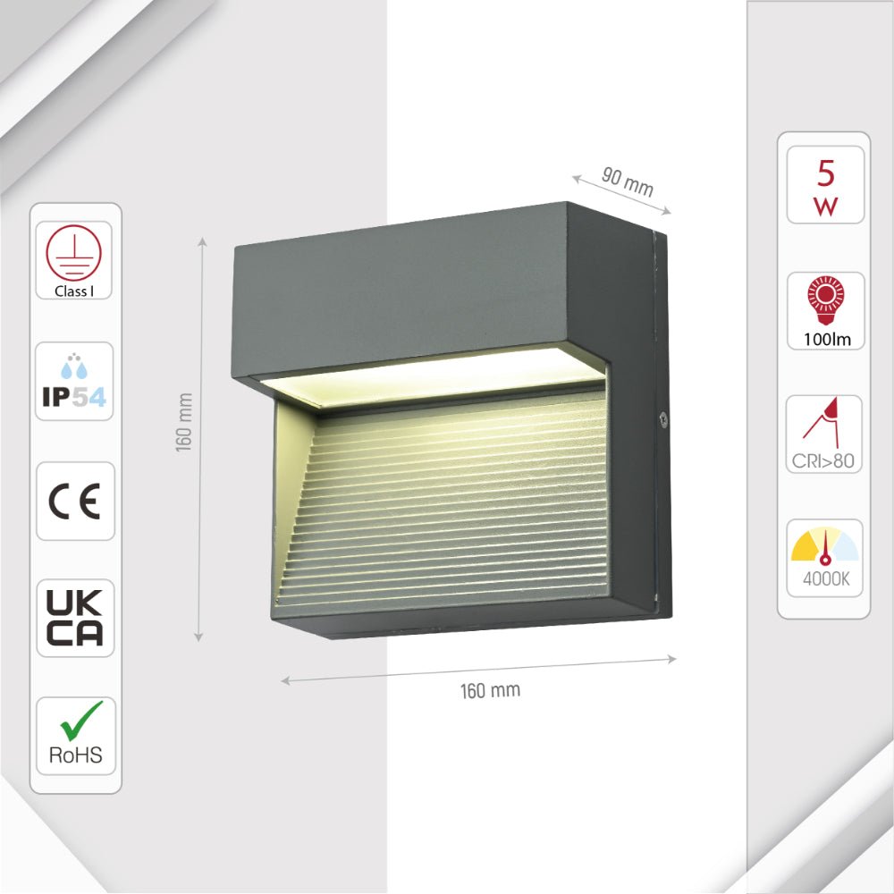 Size and specs of LED Diecast Aluminium Stair and Wall Light 5W Cool White 4000K IP54 Grey | TEKLED 182-03345