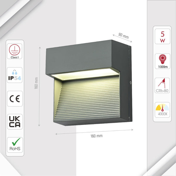 Size and specs of LED Diecast Aluminium Stair and Wall Light 5W Cool White 4000K IP54 Grey | TEKLED 182-03345