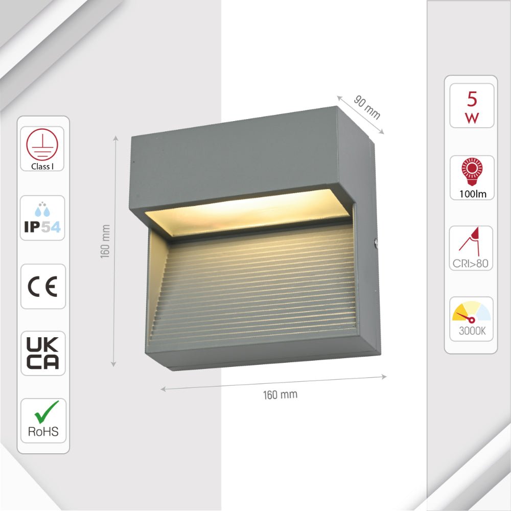 Size and specs of LED Diecast Aluminium Stair and Wall Light 5W Warm White 3000K IP54 Grey | TEKLED 182-03344