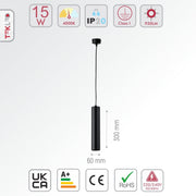 Size and specs of LED Pendant Downlight 15W Cool White 4000K Black | TEKLED 172-03005