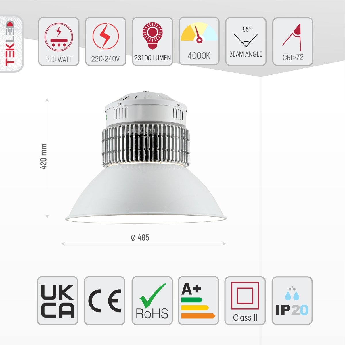 Size and specs of LED Radiator Highbay 200W Cool White 4000K IP20 | TEKLED 230-03568