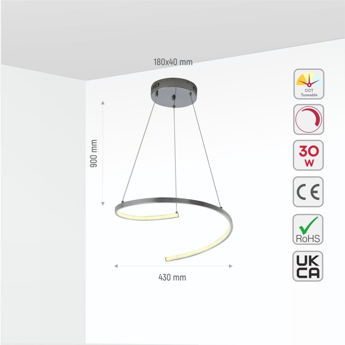 Size and specs of LED Spiral Chrome Finishing 30W CCT Change Dimmable Contemporary Nordic Scandinavian Pendant Ceiling Light with Remote Control | TEKLED 154-17270