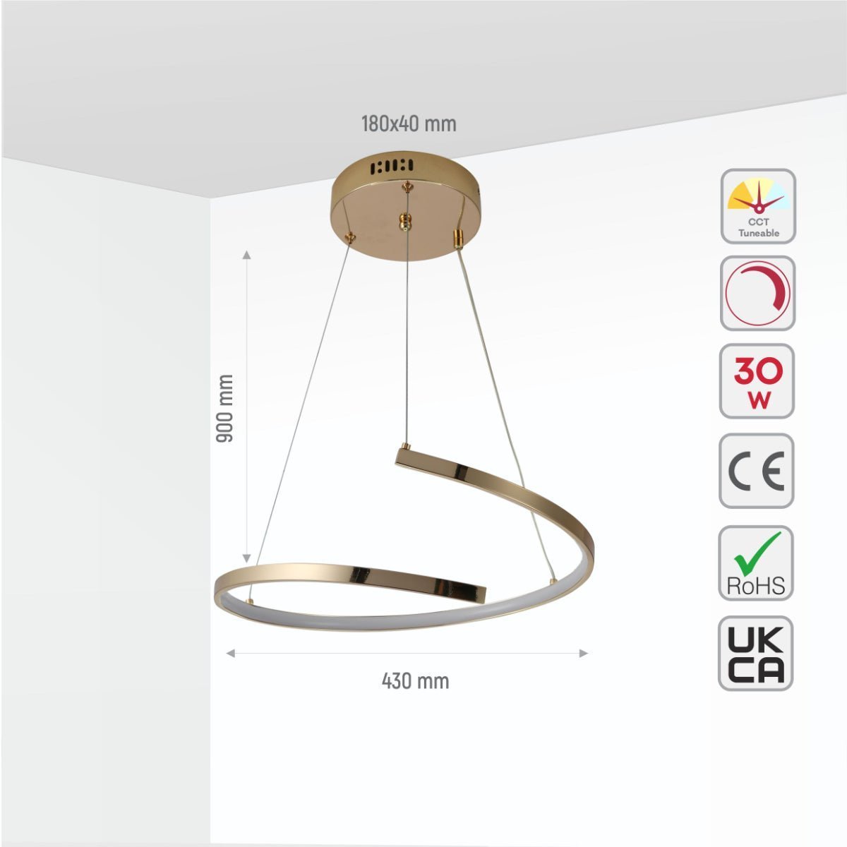 Size and specs of LED Spiral Gold Finishing 30W CCT Change Dimmable Contemporary Nordic Scandinavian Pendant Ceiling Light with Remote Control | TEKLED 154-17268