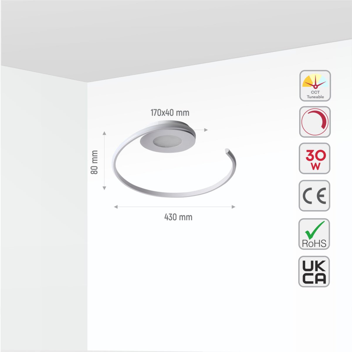 Size and specs of LED Spiral White Finishing 30W CCT Change Dimmable Contemporary Nordic Scandinavian Flush Ceiling Light with Remote Control | TEKLED 154-17266