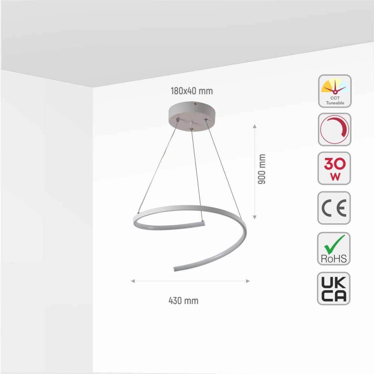 Size and specs of LED Spiral White Finishing 30W CCT Change Dimmable Contemporary Nordic Scandinavian Pendant Ceiling Light with Remote Control | TEKLED 154-17272
