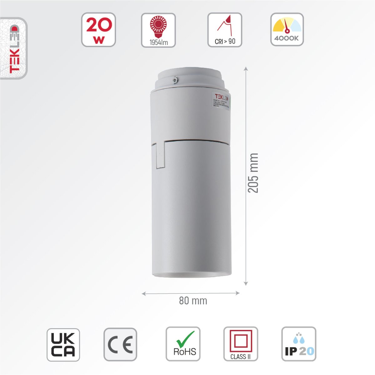 Size and specs of LED Surface-Recesssed Rotatable Downlight H-160 20W Cool White 4000K White | TEKLED 174-03847