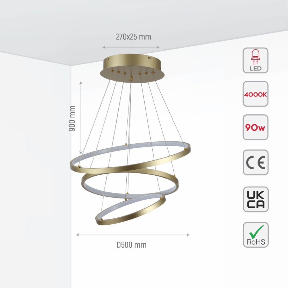Size and specs of LED Triple Circle Gold Finishing 90W 4000K Natural Cool White Modern Contemporary Nordic Scandinavian Pendant Ceiling Light D500 | TEKLED 158-19826