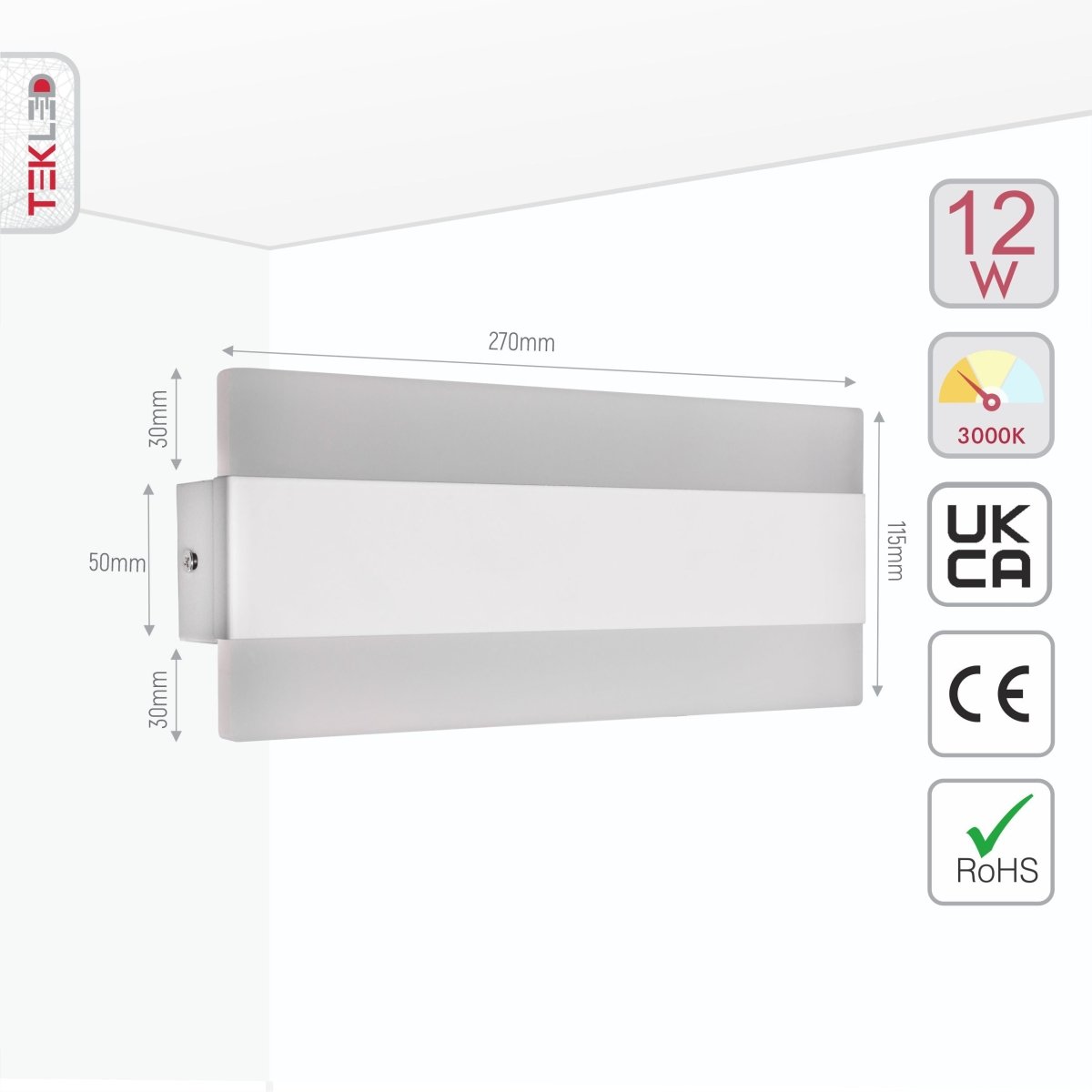 Size and specs of LED White Metal Acrylic Wall Light 12W Warm White 3000K | TEKLED 151-19542