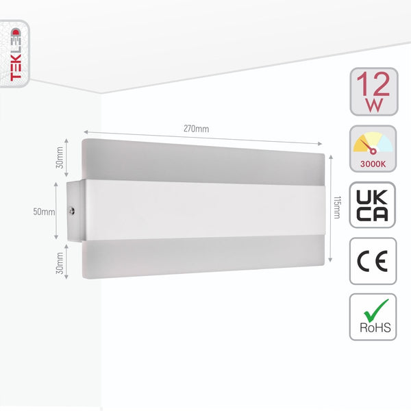 Size and specs of LED White Metal Acrylic Wall Light 12W Warm White 3000K | TEKLED 151-19542