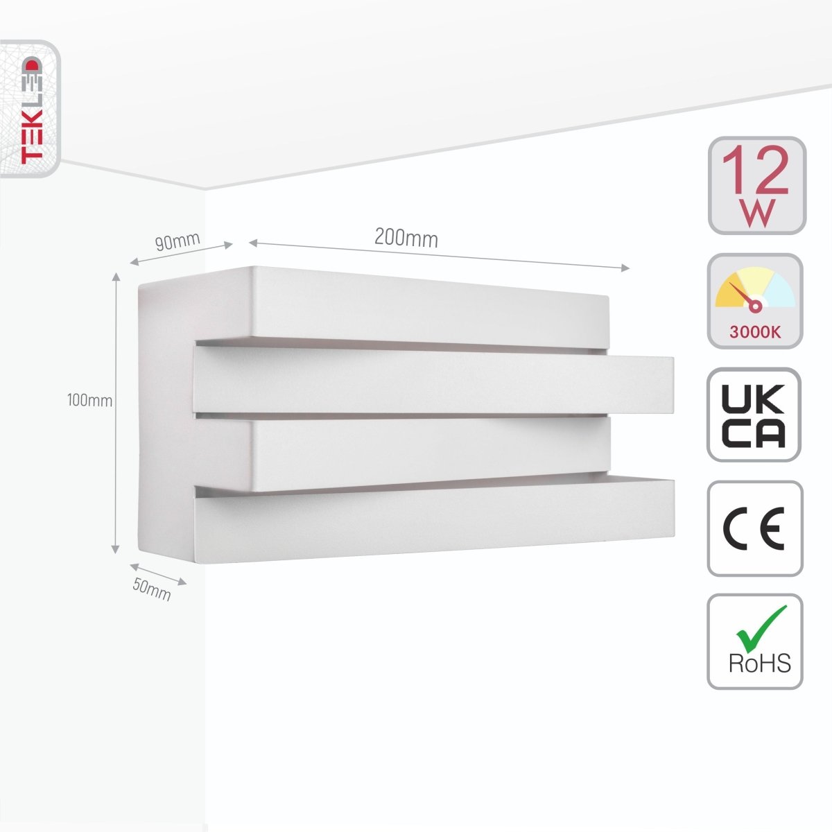 Size and specs of LED White Metal Wall Light 12W Warm White 3000K | TEKLED 151-19536