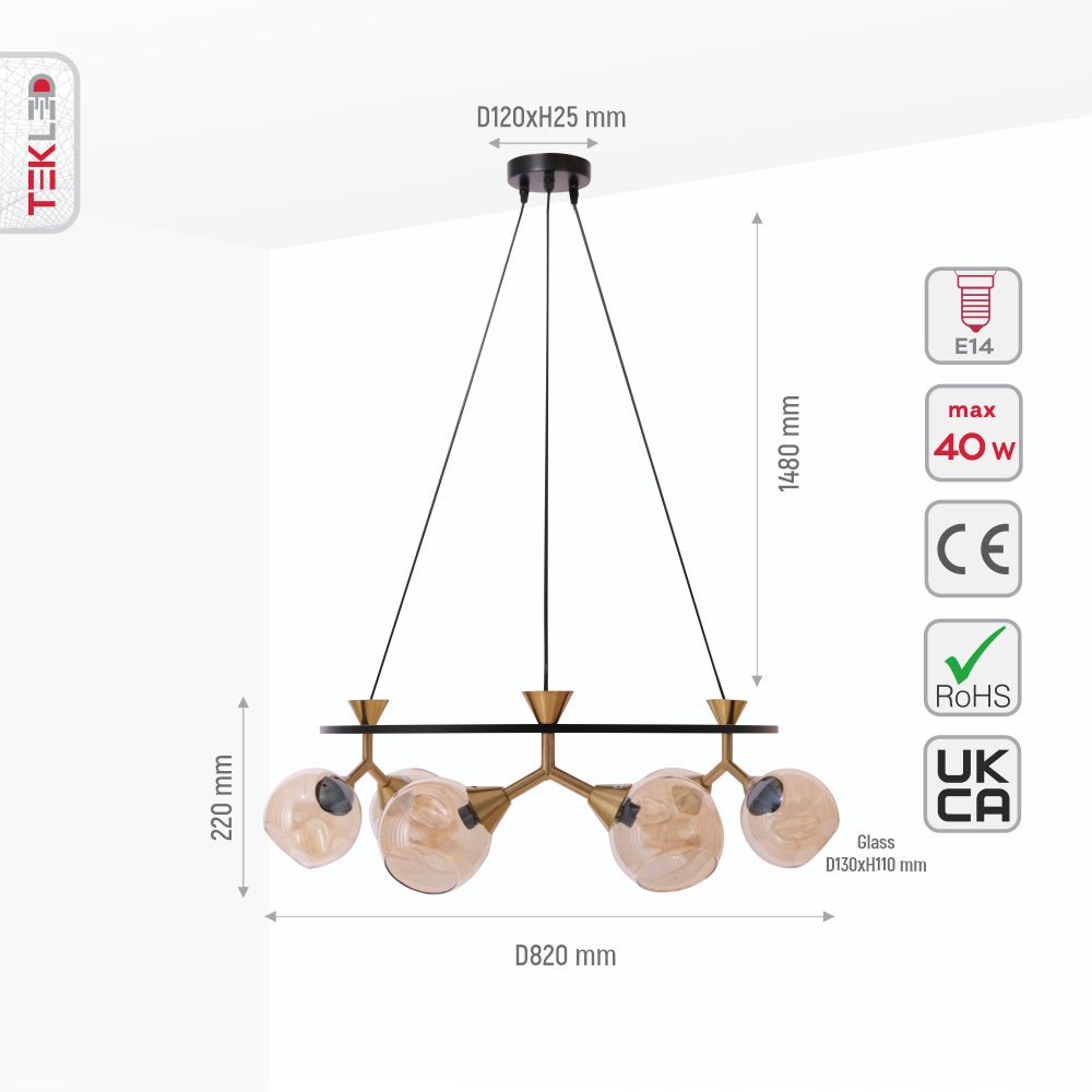 Size and specs of Locanda Amber Glass Chandelier 6xE14 Fitting | TEKLED 159-17390