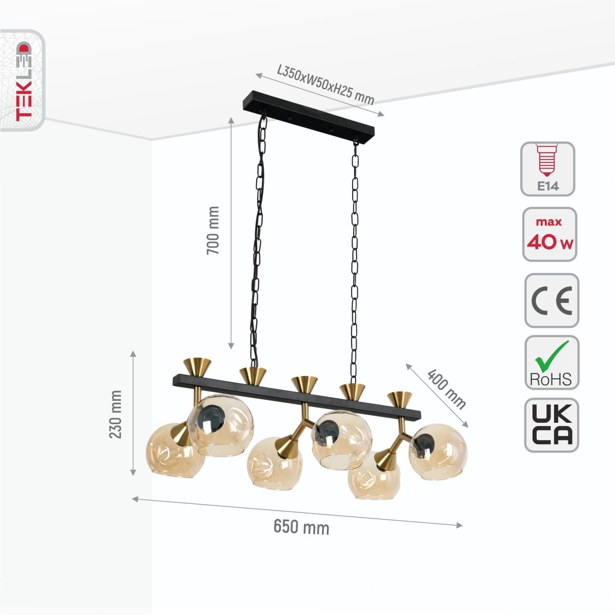Size and specs of Locanda Amber Glass Island Chandelier 6xE14 Fitting | TEKLED 159-17388