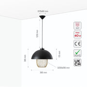 Size and specs of Matte Gold Caged Shade with Black Dome Top Pendat Ceiling Light D390 with E27 Fitting | TEKLED 150-18308