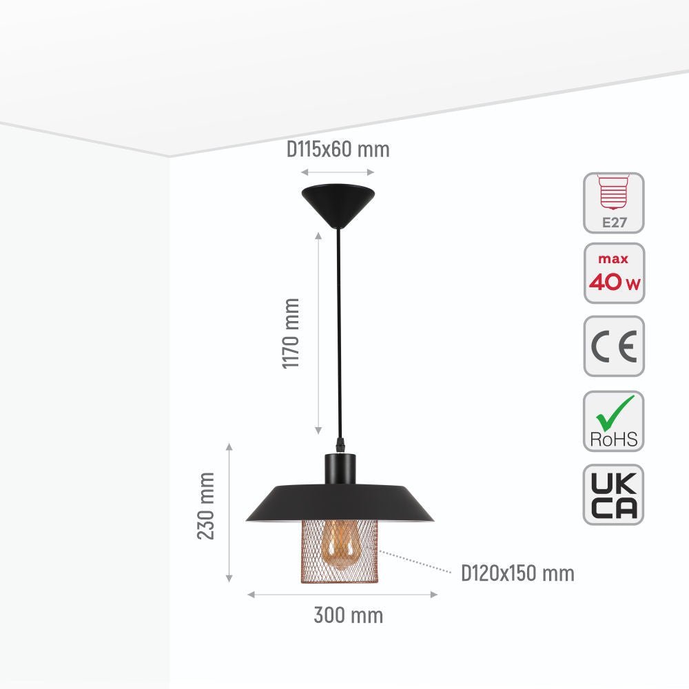 Size and specs of Matte Gold Caged Shade with Black Flat Top Pendat Ceiling Light D300 with E27 Fitting | TEKLED 150-18300