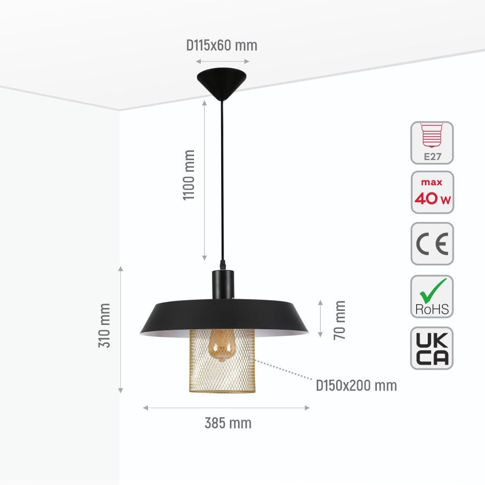 Size and specs of Matte Gold Caged Shade with Black Flat Top Pendat Ceiling Light D385 with E27 Fitting | TEKLED 150-18302