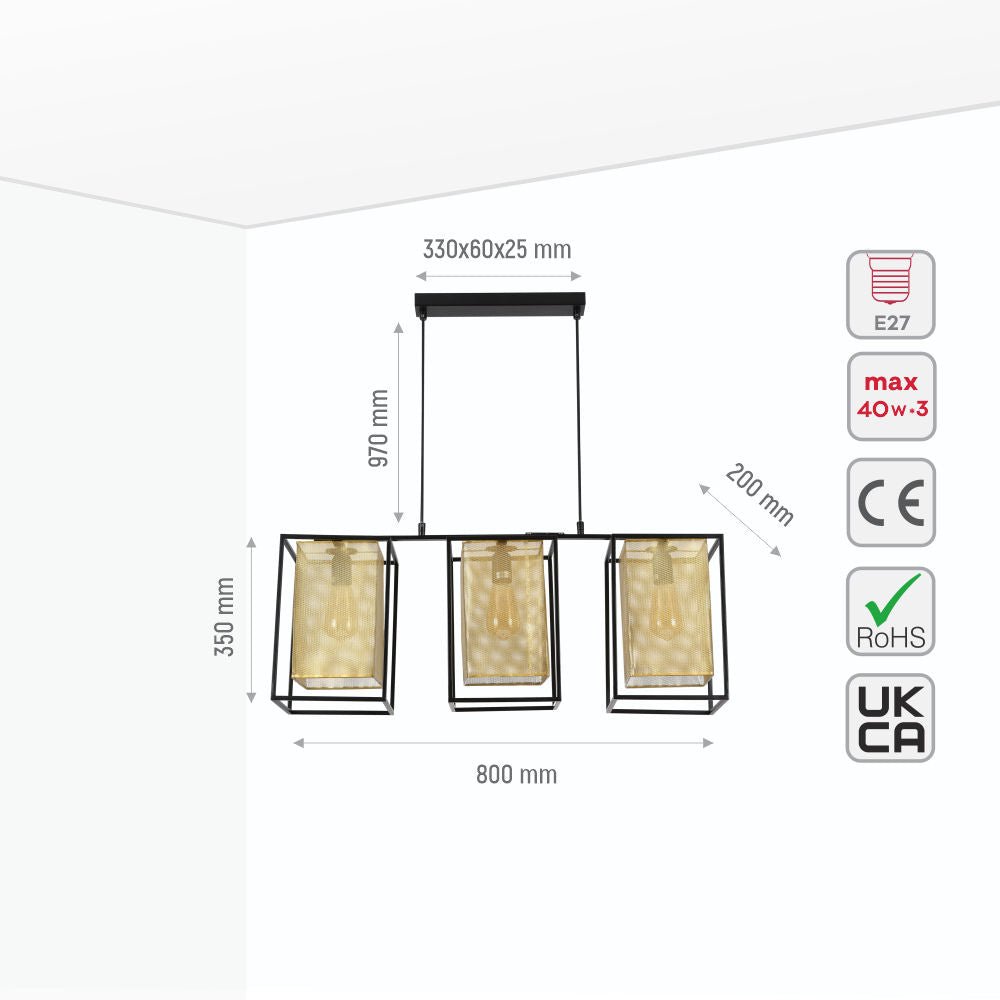 Size and specs of Matte Gold Metal Shade Black Cage Kitchen Island Chandelier Ceiling Light with 3xE27 Fittings | TEKLED 150-18316