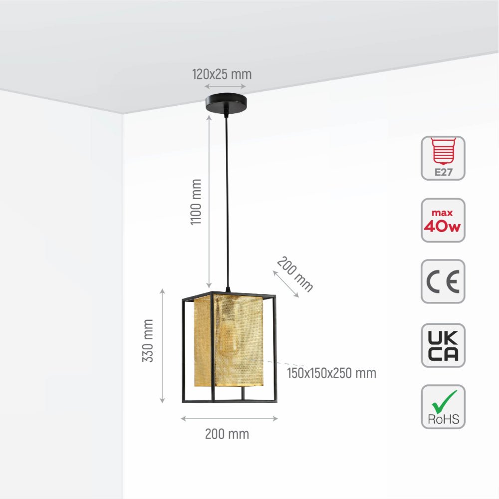 Size and specs of Matte Gold Metal Shade Black Cage Pendant Ceiling Light with E27 Fitting | TEKLED 150-18314