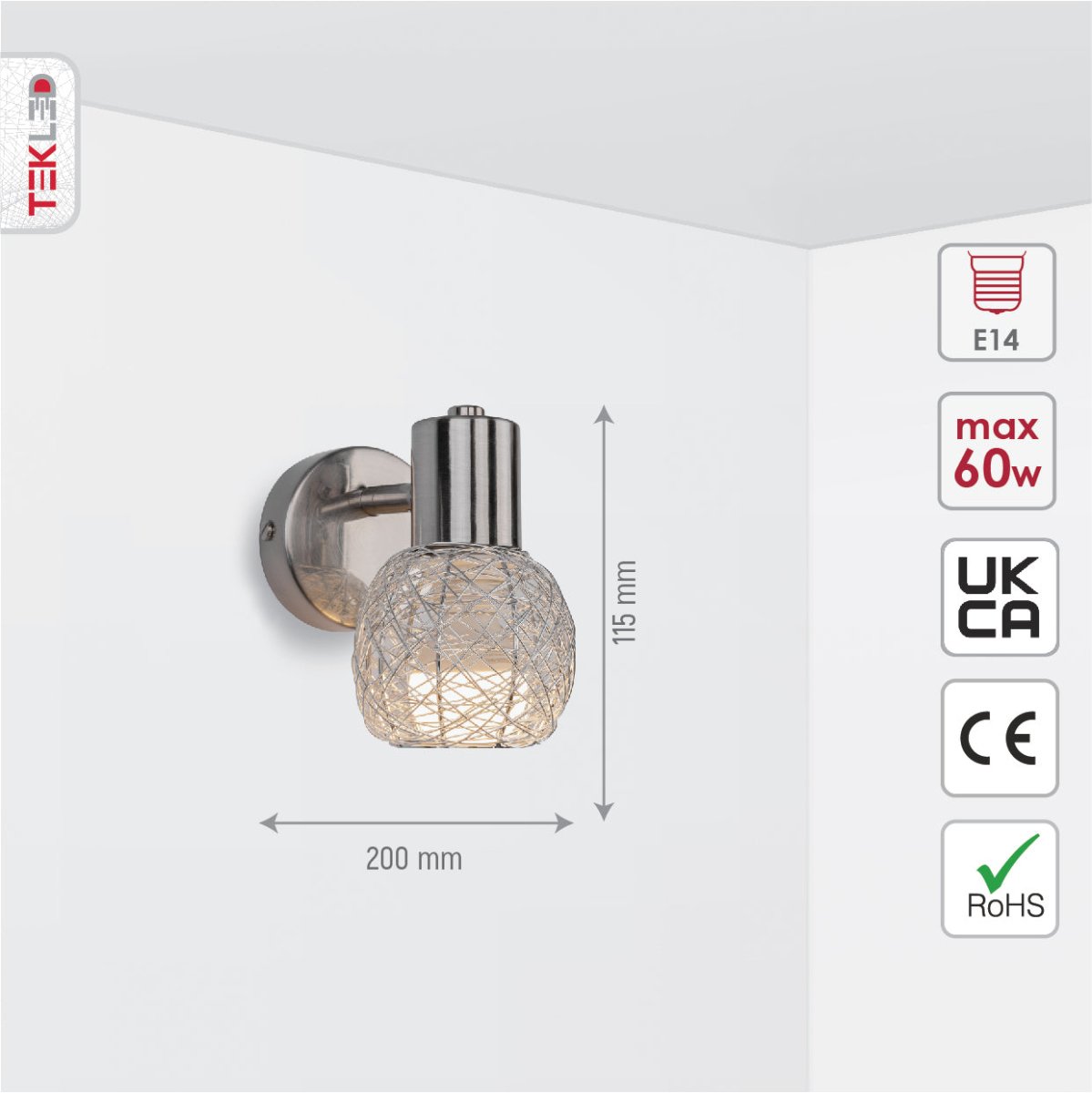 Size and specs of Matte Nickel Metal Silver Globe Nest Wall Light with E14 Fitting | TEKLED 151-19693