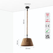 Size and specs of Farmhouse Rustic Metal Body Hemp Rope Shade Pendant Ceiling Light with E27 | TEKLED 150-18094