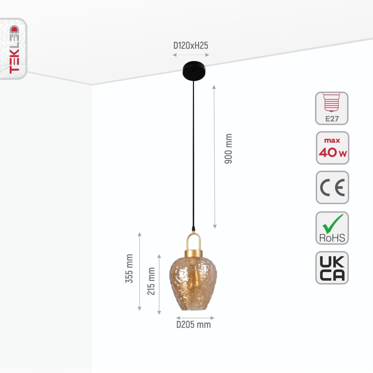 Size and specs of Miele Lungo Amber Glass Pendant Light with E27 Fitting | TEKLED 159-17494