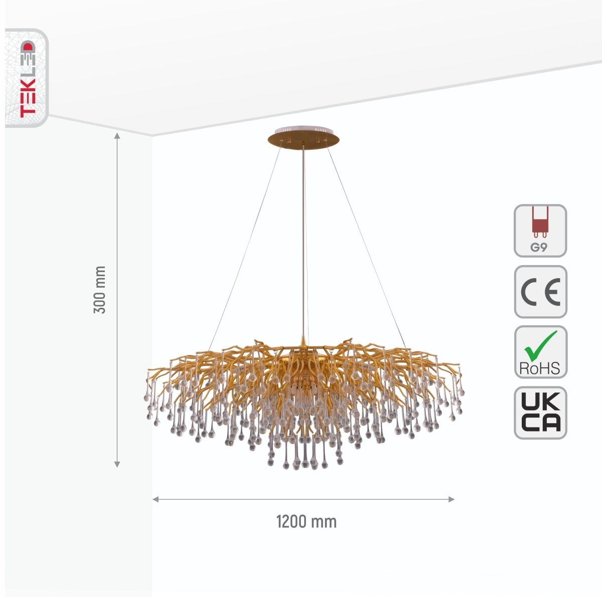 Size and specs of Modern Crystal Glass Droplet Chandelier with 13xG9 Fittings 1200mm | TEKLED 159-17530