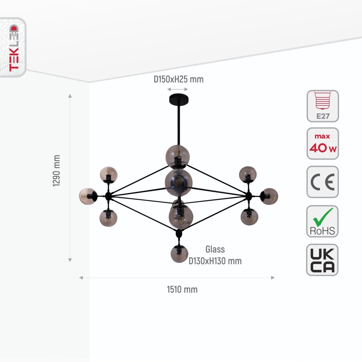 Size and specs of Molecule Shape Black Rod Metal Amber Glass Globe Chandelier with 13xE27 Fitting | TEKLED 156-19502