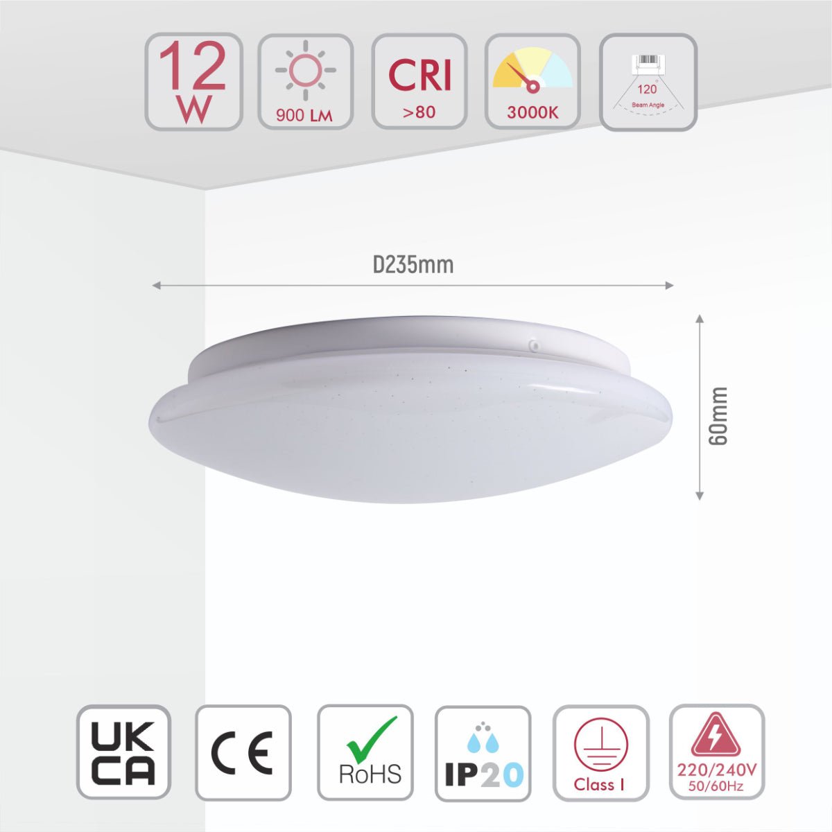 Size and specs of Moonlight Flush Ceiling Light 12W Warm White Cool White Cool Daylight 900LM IP20 non-yellowing PMMA Cover | TEKLED 121-03980