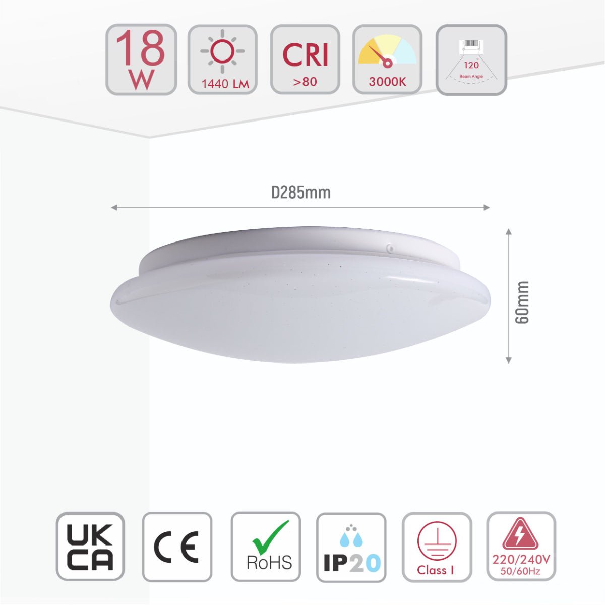 Size and specs of Moonlight Flush Ceiling Light 18W Warm White Cool White Cool Daylight 1440LM IP20 non-yellowing PMMA Cover | TEKLED 121-03986