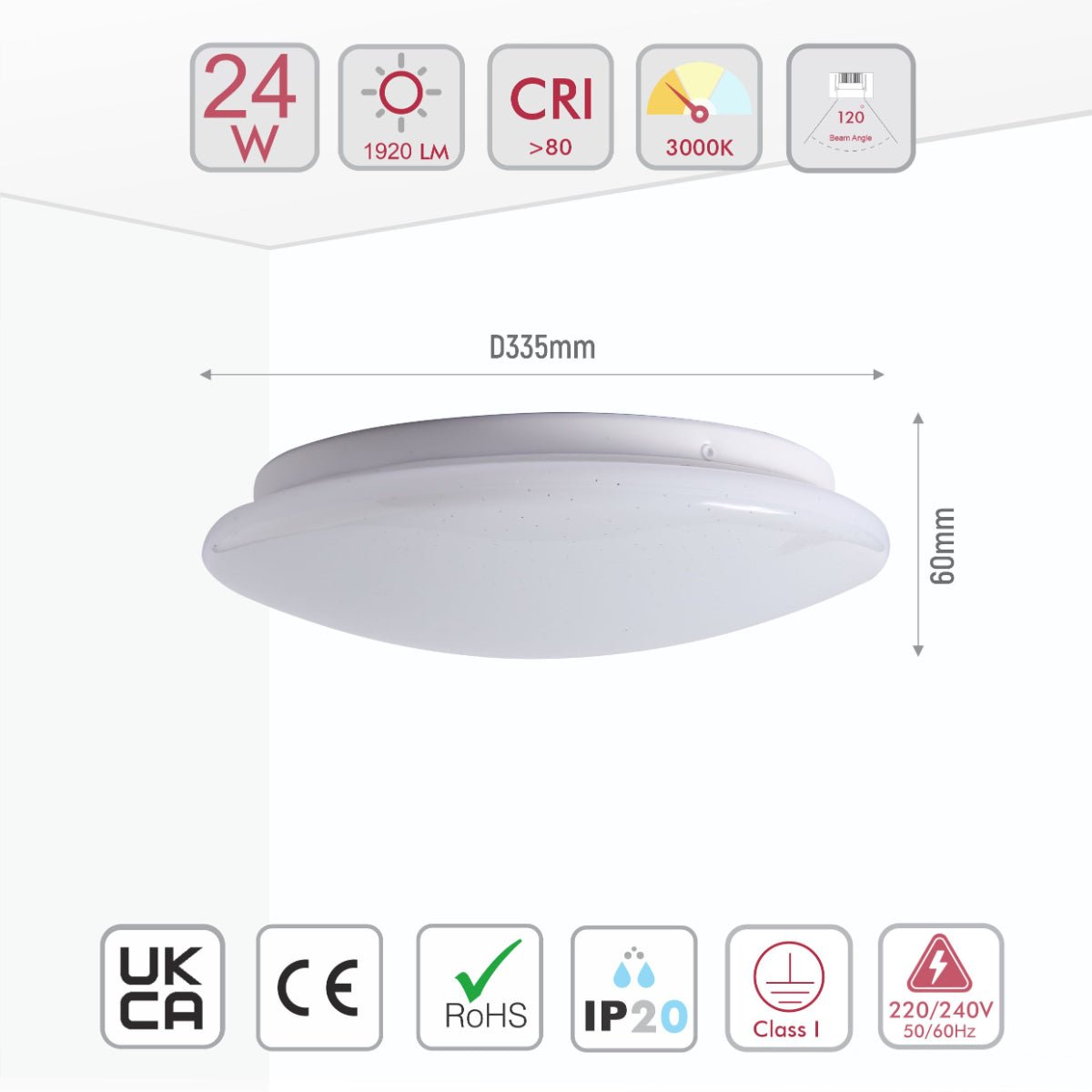 Size and specs of Moonlight Flush Ceiling Light 24W Warm White Cool White Cool Daylight 1920LM IP20 non-yellowing PMMA Cover | TEKLED 121-03992