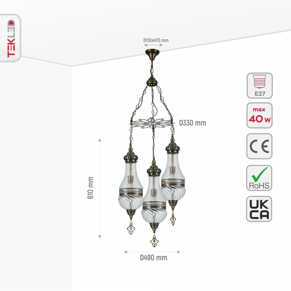 Size and specs of Moroccan Style Antique Brass and Clear Glass Ceiling Oriental Chandelier with 3xE27 | TEKLED 158-19555