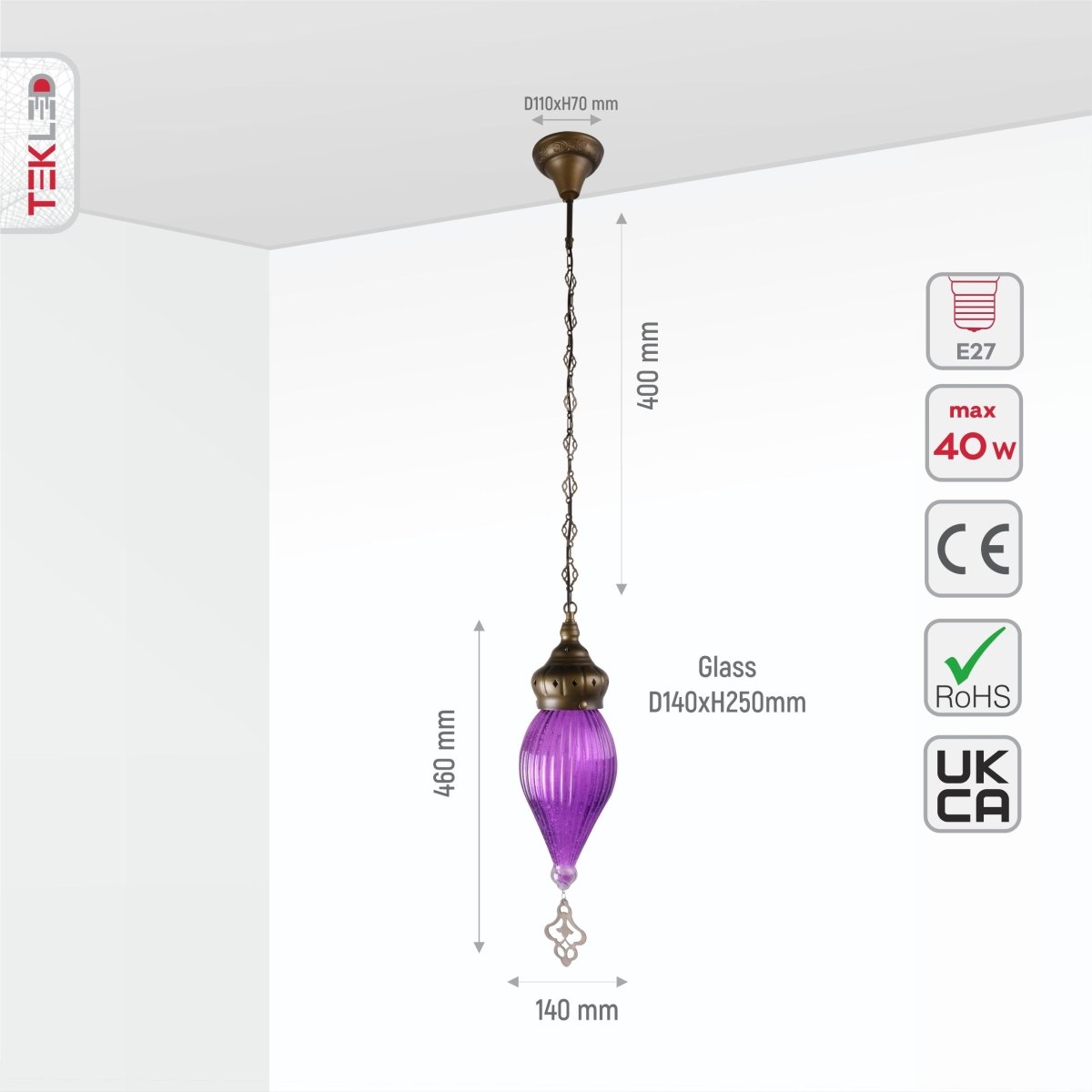 Size and specs of Moroccan Style Antique Brass and Purple Glass Oriental Ceiling Pendant Light E27 | TEKLED 158-195583